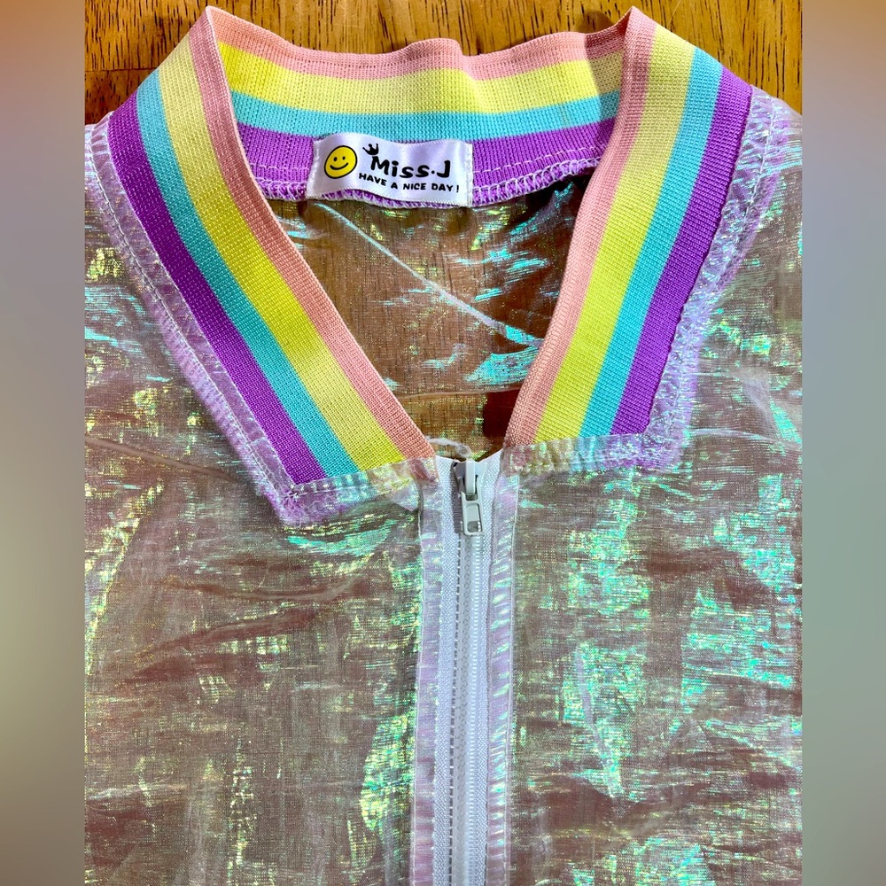 Miss J Kids Bomber Jacket, Iridescent, Rainbow, See-Through Zip Up Medium - Picture 3 of 6